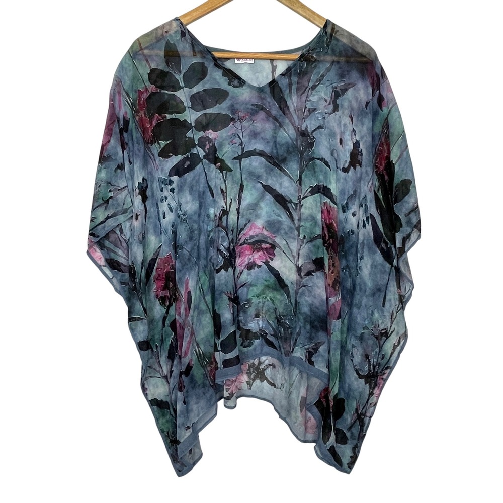 Sevya Womens Handmade Sheer Silk Floral Watercolor Kimono Top OS Boho Artsy Chic